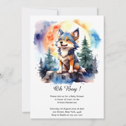 Invitation Baby shower de loup d'aquarelle (Devant)