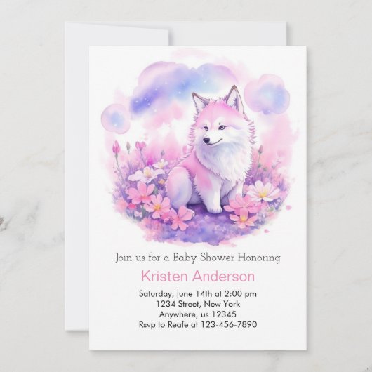 Invitation Baby shower de loup rose Woodland (Devant)