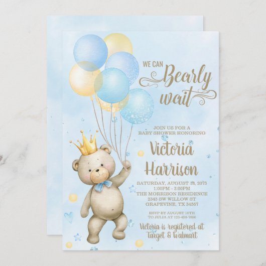 Invitation Baby shower de l'ours (Devant / Derrière)