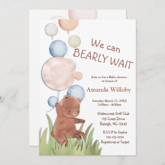 Invitation Baby shower de l'ours (Devant / Derrière)