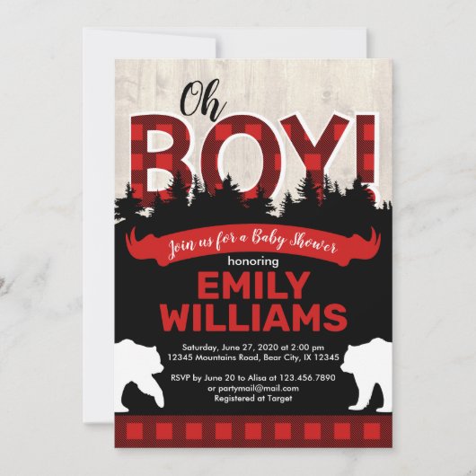 Invitation Baby shower de l'ours à Buffalo Plaid (Devant)