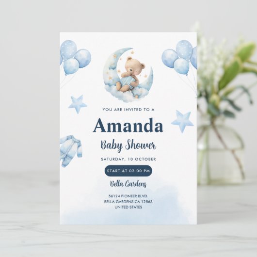 Invitation Baby shower de l'ours bleu céleste (Debout devant)