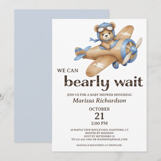 Invitation Baby shower de l'ours bleu Teddy (Devant / Derrière)