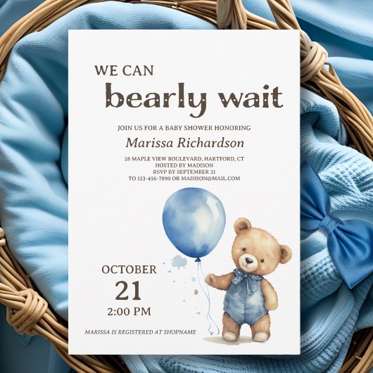 Invitation Baby shower de l'ours bleu Teddy