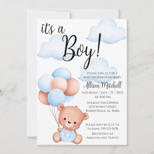 Invitation Baby shower de l'ours en peluche (Devant)