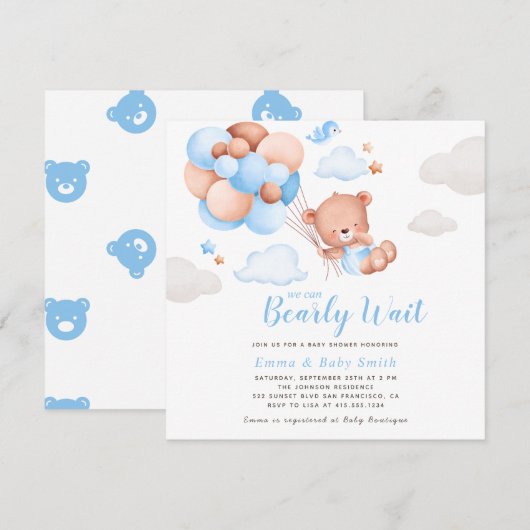 Invitation Baby shower de l'ours en peluche (Devant / Derrière)