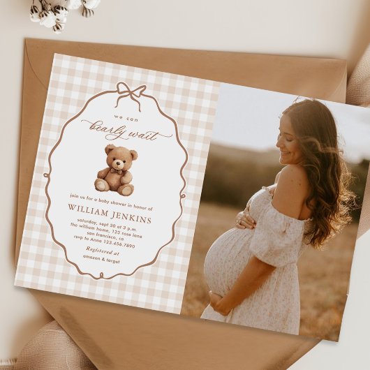 Invitation Baby shower de l'ours en peluche En vichy neutre