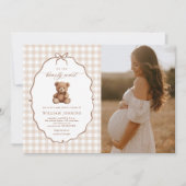 Invitation Baby shower de l'ours en peluche En vichy neutre (Devant)