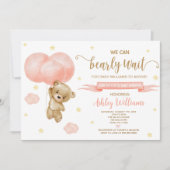 Invitation Baby shower de l'ours en peluche et des ballons ro (Devant)