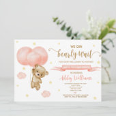 Invitation Baby shower de l'ours en peluche et des ballons ro (Debout devant)