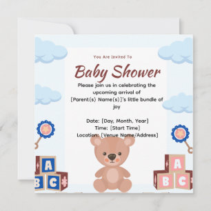 Invitation Baby shower de l'ours en peluche mignon