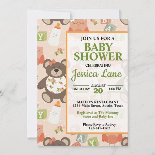 Invitation Baby shower de l'ours en peluche mignon (Devant)