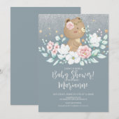 Invitation Baby shower de l'ours Parties scintillant florale (Devant / Derrière)