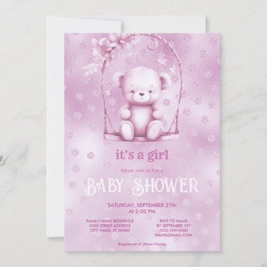 Invitation Baby shower de l'ours rose Teddy (Devant)