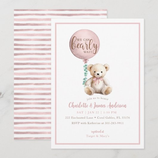 Invitation Baby shower de l'ours rose Teddy Bearly Wait Invit (Devant / Derrière)