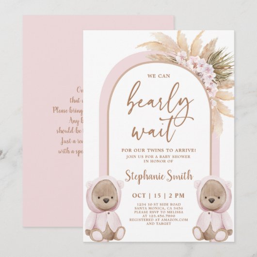 Invitation Baby shower de l'ours Twin Girls (Devant / Derrière)