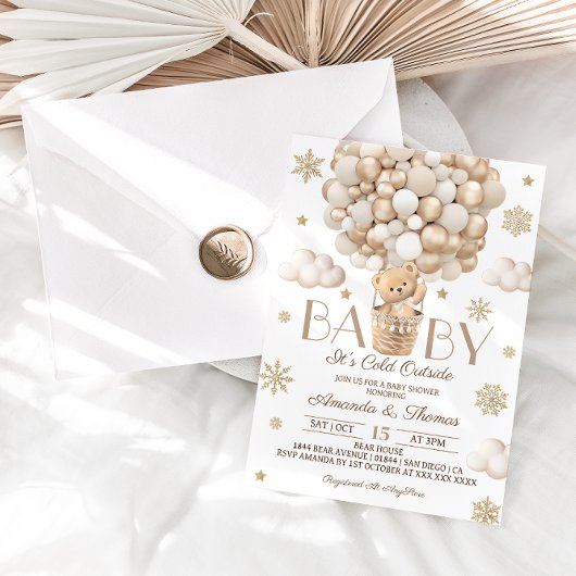 Invitation Baby shower de l'ours Winter Snowflakes & Balloons