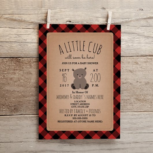Invitation Baby shower de l'ourson de bûcheron de 