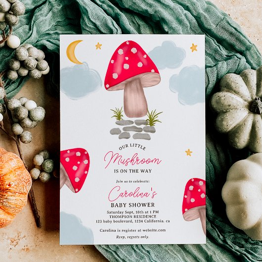 Invitation Baby shower de lune de petit champignon rouge