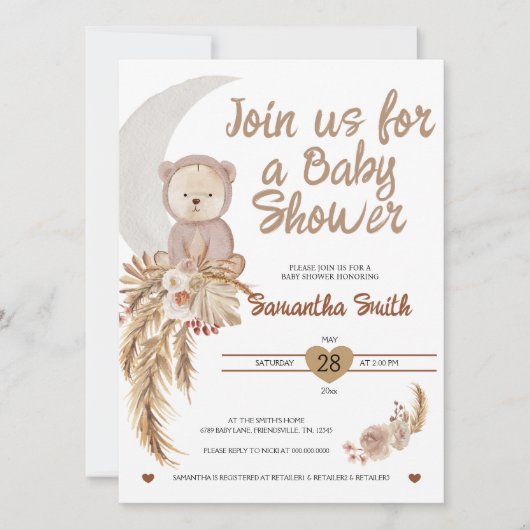 Invitation Baby shower de lune d'ours de saumons n (Devant)