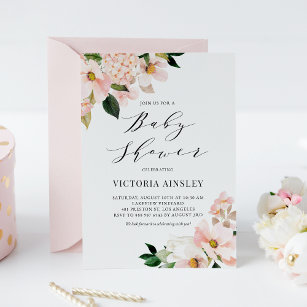 Invitation Baby shower de Magnolias et d'Hydrangeas roses