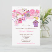 Invitation Baby shower de maisons d'oiseaux floraux rose et v (Debout devant)