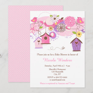 Invitation Baby shower de maisons d'oiseaux floraux rose et v