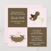 Invitation Baby shower de maman rose et d'oiseaux (Devant / Derrière)