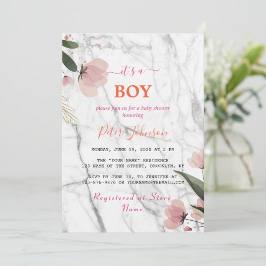 Invitation Baby shower de Marbre blanc de Personnaliser de no (Debout devant)