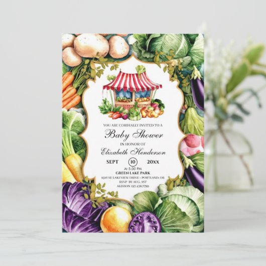 Invitation Baby shower de marché des fermiers mignons enchant (Debout devant)