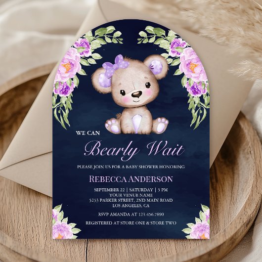 Invitation Baby shower de marine de l'ours en peluche violet
