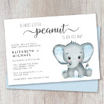 Invitation Baby shower de mignonette Elephant Boy Couples<br><div class="desc">Un mignon bébé couple douche invitation avec "A Sweet Little Peanut Is On His Way" en typographie gris doux et un script d'écharpe élégant et une aquarelle bleu pastel d'un petit éléphant garçon. Ajoutez les noms de la mère et du père et les détails de la douche dans une simple...</div>