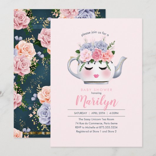 Invitation Baby shower de Mlle Dolly Eyes Teapot Floral (Devant / Derrière)