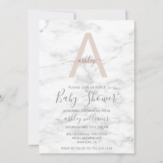 Invitation Baby shower de monogramme de Marbre blanc rose chi (Dos)