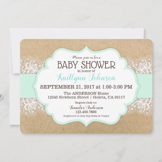 Invitation Baby shower de mousse de mer de dentelle moderne R (Devant)