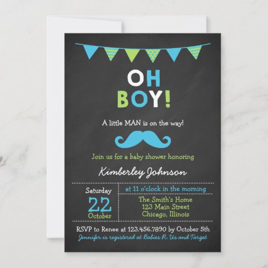 Invitation Baby shower de moustache bleu et vert (Devant)