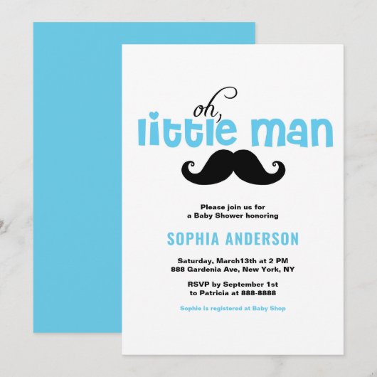 Invitation Baby shower de moustache Blue Little Man Invitatio (Devant / Derrière)