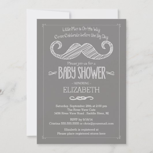 Invitation Baby shower de moustache gris moderne (Devant)