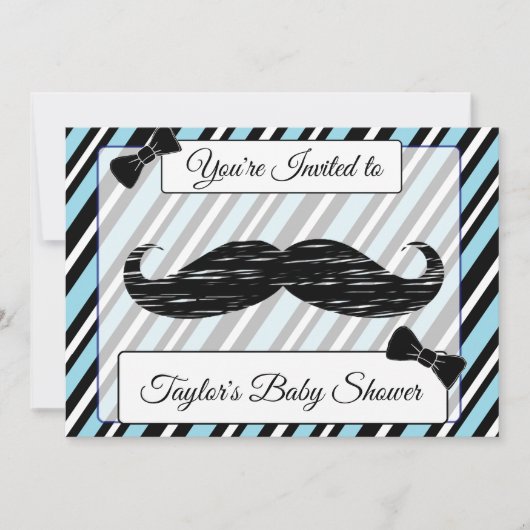 Invitation Baby shower de moustache rayé bleu et n (Devant)