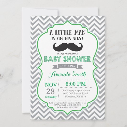 Invitation Baby shower de moustache vert et gris (Devant)