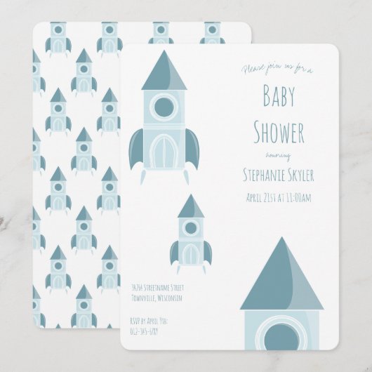 Invitation Baby shower de navire à roquettes bleu blanc illus (Devant / Derrière)