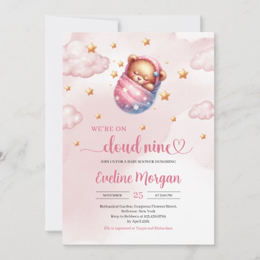 Invitation Baby shower de neuf filles de l'ours en peluche qu (Devant)