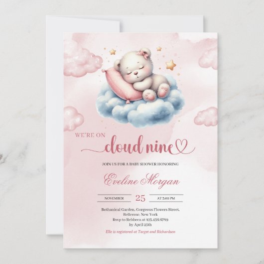 Invitation Baby shower de neuf filles de l'ours en peluche qu (Devant)