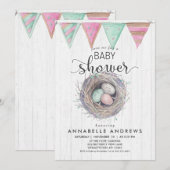 Invitation Baby shower de nid de bois et d'oiseaux (Devant / Derrière)