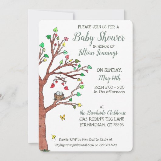 Invitation Baby shower de nid d'oiseau mobile Feuille Heart (Devant)