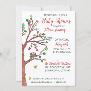 Invitation Baby shower de nid d'oiseau mobile Feuille Heart