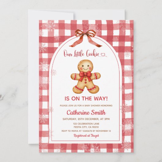 Invitation Baby Shower de Noël au pain d'épice à carreaux rou (Devant)