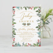 Invitation Baby shower de Noël aux baies vitrées Red Holly (Debout devant)