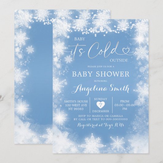 Invitation Baby shower de Noël blanc et bleu Invitation7 (Devant / Derrière)