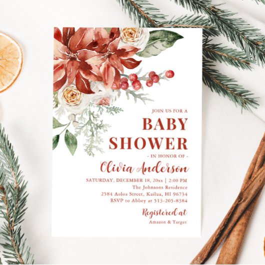 Invitation Baby shower de Noël Boho Winter Red Floral